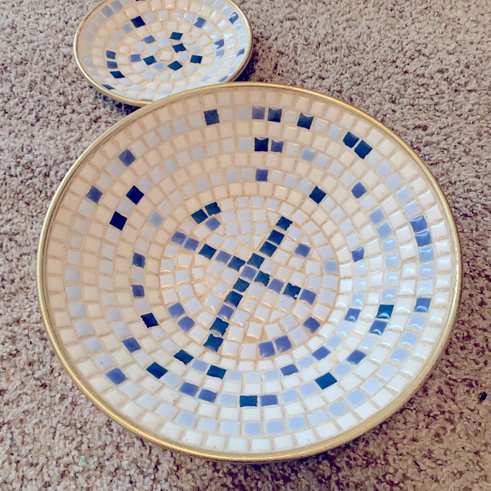 Set of 2 mosaic tile art bowls catch all blue white